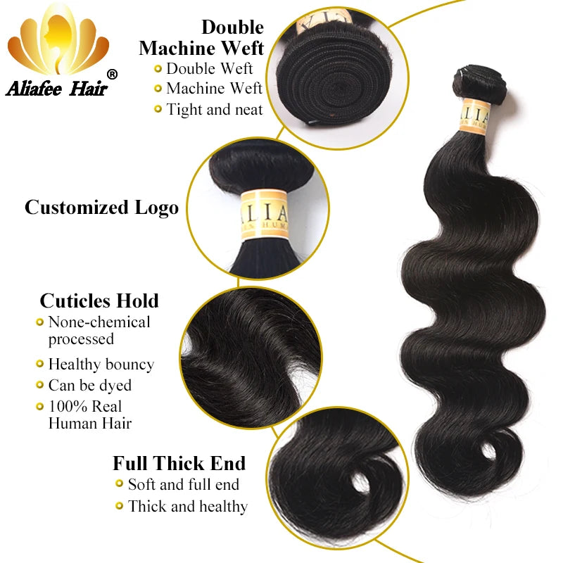 Aliafee Hair Lot de 3 extensions de cheveux malaisiens ondulés #T1B/27/couleur naturelle 8"-30" 100 % cheveux humains non-Remy Body Wave