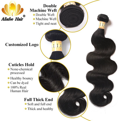 Aliafee Hair Lot de 3 extensions de cheveux malaisiens ondulés #T1B/27/couleur naturelle 8"-30" 100 % cheveux humains non-Remy Body Wave